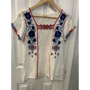 Velzera Womens White Embroidered Floral Boho Peasant Blouse Square Neck Medium